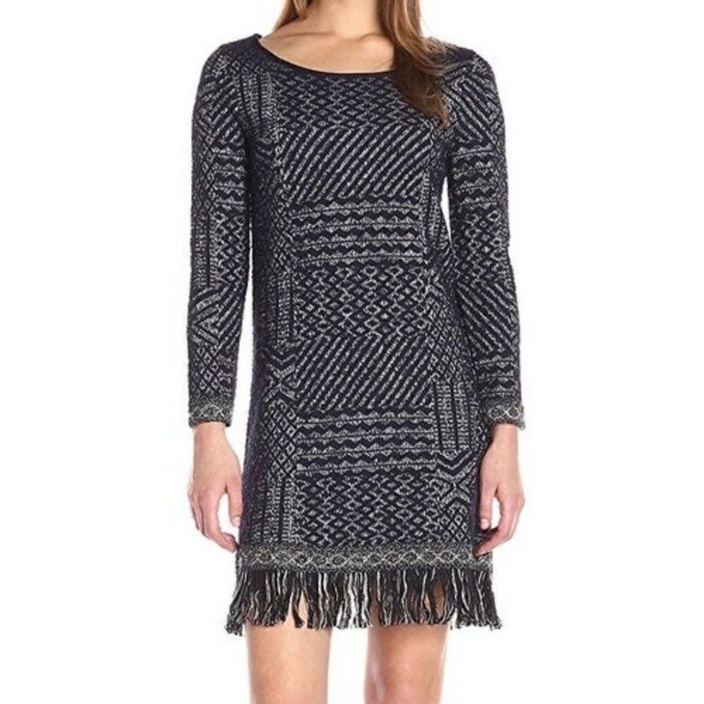 Lucky Brand Fringe Jacquard‎ Mini Sweater Dress Long Sleeves Navy Boho Tribal XS